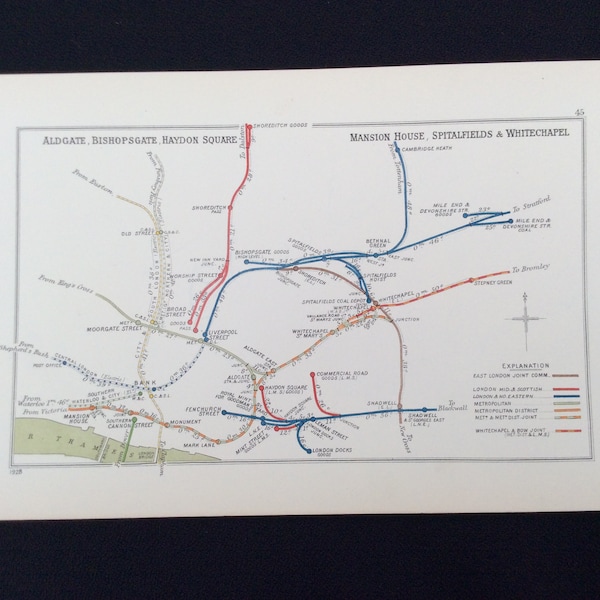 1928 Railway Map Aldgate Spitalfields Whitechapel Mansion House Junction Diagram Original RCH