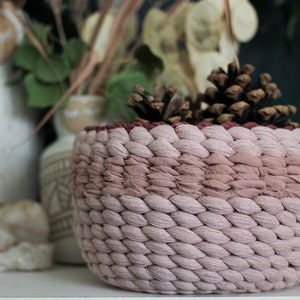SAMPLE SALE! Handmade fiber art 6.5 inch chunky woven decorative basket with cotton string and rope and chiffon ribbon in dusty pink and red