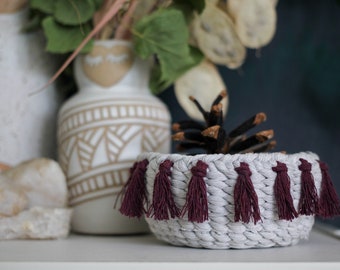 Handmade fiber art 4.5 inch decorative mini woven catch all basket with cotton string in mist gray and boysenberry tassels