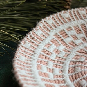 Handmade fiber art 12.5 inch coiled rope decorative basket with cotton and wool in dusty pink and cream image 5