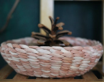 Handmade woven basket, catch-all made with painted marbled cotton string, fiber art mini woven bowl in caramel blush, marbled woven basket