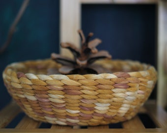 Handmade woven basket, catch-all made with painted marbled cotton string, fiber art mini woven bowl in golden amber, marbled woven basket