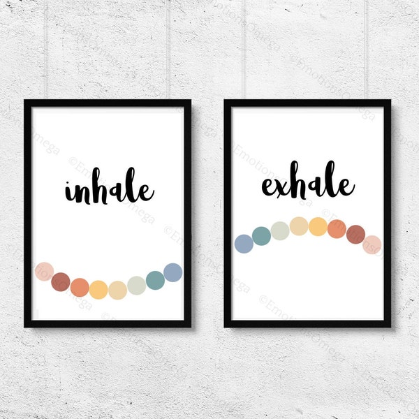 Inhale Exhale Print Breathing Digital File Therapy Wall Art, Mindfulness Printable Sign - Set of 2 Prints INSTANT DOWNLOAD