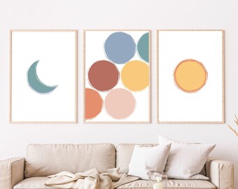 Impression d'art mural soleil et lune, abstrait imprimable d'art mural, lot de 3 couleurs bohèmes, art mural minimaliste, art mural aux tons terre, décoration de chambre d'enfant