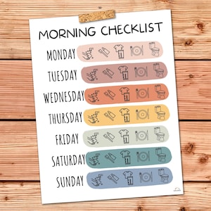 May include: A printable checklist for kids to use in the morning. The checklist includes icons for washing hands, brushing teeth, getting dressed, eating breakfast, and using the toilet. The days of the week are listed on the left side of the checklist, with each day having a different colored background.