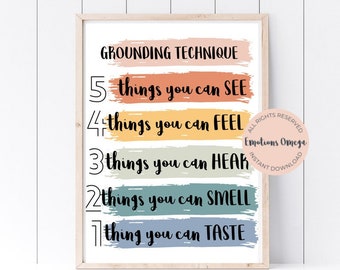 Grounding Techniques Poster To Help With Anxiety, Grounding Exercises for Anxious Kids, School Psychologist Office Decor, School Psych Room