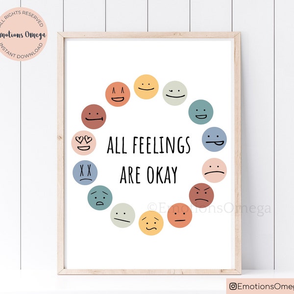 Feeling Wheel Digital Print All Feelings Are Okay, Wheel Of Emotions Kids Feelings Chart