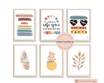 Conjunto de 6 carteles de decoración para consultorio de terapia, arte mural de psicólogo escolar, impresiones de terapia, salud mental, descarga instantánea.