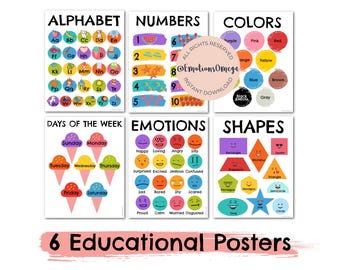 May include: Six educational posters with colorful illustrations. Topics include the alphabet, numbers, colors, days of the week, emotions, and shapes. Each poster features clear text and vibrant designs for learning.