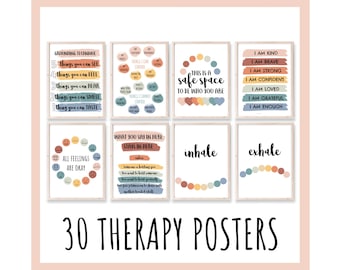 May include: Set of 30 printable therapy posters with colorful designs and positive affirmations. Posters include phrases like "This is a safe space to be who you are", "All feelings are okay", and "What you say in here stays in here".