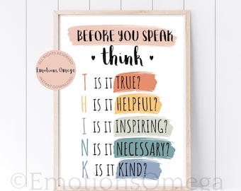 Think Before You Speak Sign, Counselor Office Decor, Printable for Classroom Digital Download
