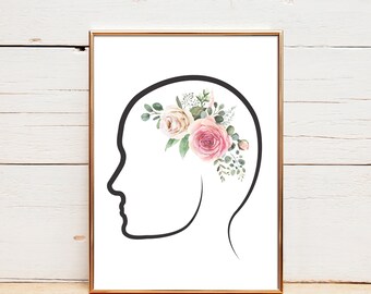 May include: A black outline of a person's head with pink and white flowers in the hair. The flowers are watercolor painted and have green leaves.