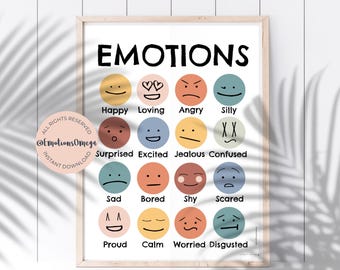 Póster de emociones, Impresión digital de sentimientos, Tabla de sentimientos para niños, Colores bohemios, Tonos apagados, Emociones imprimibles, DESCARGA INSTANTÁNEA