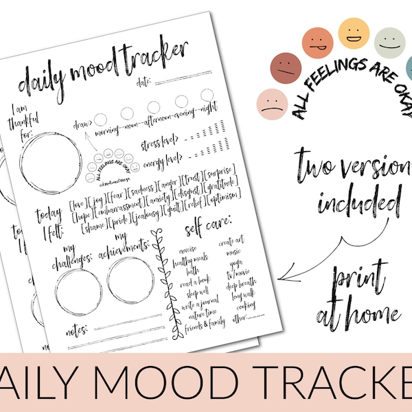 Daily Mood Tracker Printable, Self Care Journal, Emotion Tracker, Anxiety Relief DIGITAL DOWNLOAD, pdf and jpg