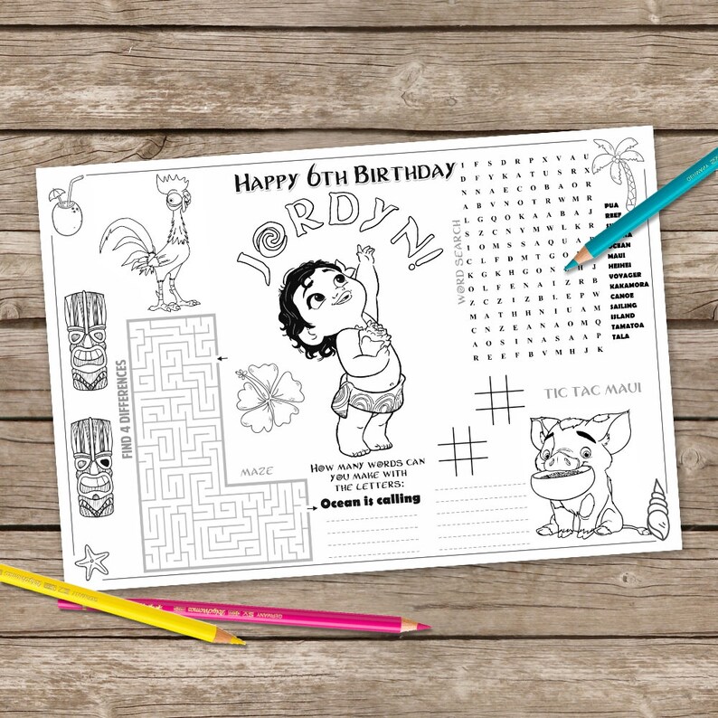 Digital Moana Birthday Coloring Place Mat Printable Coloring Etsy