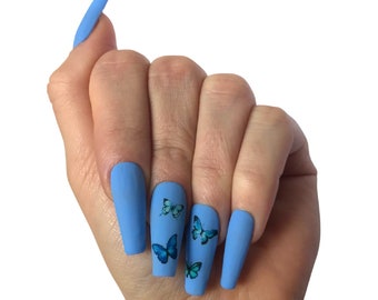 Blue Butterfly Nails Etsy Blue Butterfly Nails Etsy