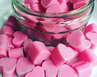 Mini Candy Floss Pink Hearts and Glitter Wax Melts x30. Handmade, Highly Scented Soy Wax. Cute, Fun Gift Idea.