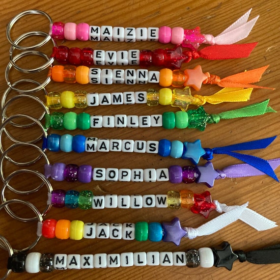 Personalised Name Bead Ribbon Keyring. Great Gift Idea for Party Bags School Lunch or PE Bags School Leavers Keepsake. Choice of Colours Etsy