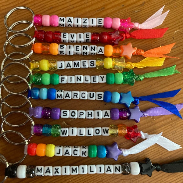 Personalised Name Bead Ribbon Keyring. Great gift idea for Party bags, School, Lunch or PE bags, School leavers, Keepsake. Choice of colours