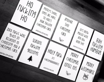 Adult, Rude, Christmas Cards. Pack of 10 Designs C6 Size with Red Envelopes. Funny, Profane, Swearing, Offensive.