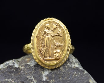 Ancient Roman Art Aphrodite Signed Coin Ring |  24K Gold Plated 925 Sterling Silver Ring |  Handcrafted Hammered Venus Jewelry by Pellada