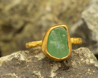 Natural Raw Aventurine Stone Ring | 24K Gold Plated 925 Sterling Silver | Green Aventurine Dainty Ring | Stackable Rough Gemstone by Pellada