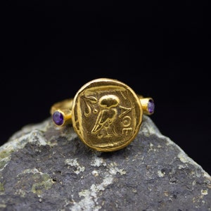 Ancient Art Owl Signed Coin Ring 24K Gold Plated 925 Sterling Silver W/Purple CZ Stone Ring Handcrafted Hammered Jewelry by Pellada