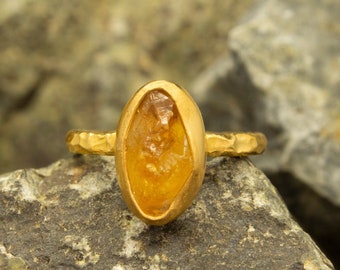 Natural Raw Citrine Stone Ring Handcrafted Hammered 24K Gold Plated 925 Sterling Silver Stackable Rough Gemstone Ring by Pellada