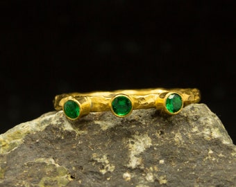 925 Sterling Silver 24K Gold Plated Hammered Handcrafted Green Cubic Zirconia Stackable Solitaire Stacking Band Ring by Pellada