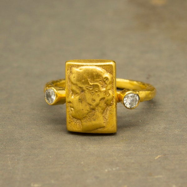 Ancient Greek Art Signed Coin Ring 24K Gold Plated 925 Sterling Silver W/White CZ Stone Ring Handcrafted Hammered Jewelry by Pellada