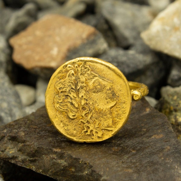 Ancient Roman Art Signed Coin Ring 24K Gold Plated 925 Sterling Silver Ring Ancient Handcrafted Hammered Jewelry by Pellada