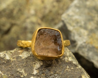 Natural Raw Smokey Quartz Stone Ring Handcrafted Hammered 24K Gold Plated 925 Sterling Silver Stackable Rough Gemstone Ring by Pellada