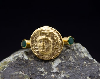 Ancient Art Medusa Signed Coin Ring 24K Gold Plated 925 Sterling Silver W/Green CZ Stone Ring Handcrafted Hammered Jewelry by Pellada