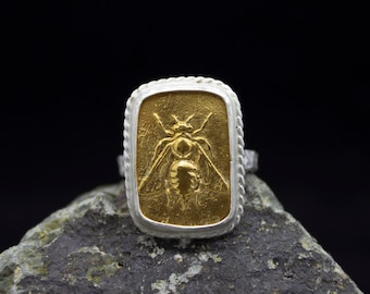 Ancient Roman Art Bee Signed Coin Two Tone Ring 24K Gold Plated 925 Sterling Silver Ring Ancient Handcrafted Hammered Jewelry by Pellada