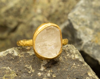 Natural Raw Clear Quartz Stone Ring Handcrafted Hammered 24K Gold Plated 925 Sterling Silver Stackable Rough Gemstone Ring by Pellada