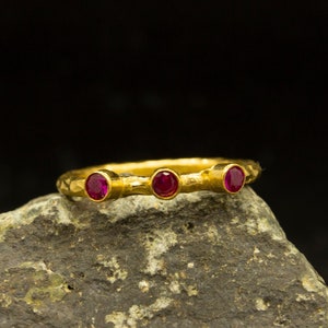 925 Sterling Silver 24K Gold Plated Hammered Handcrafted Red Cubic Zirconia Stackable Solitaire Stacking Band Ring by Pellada