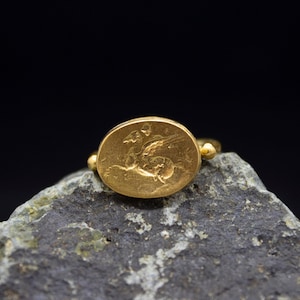 Ancient Art Pegasus Signed Coin Ring 24K Gold Plated 925 Sterling Silver Ring Ancient Handcrafted Hammered Jewelry by Pellada