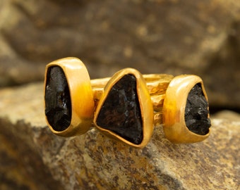 Set of Three Raw Tourmaline Quartz Stone Ring Handcrafted Hammered 24K Gold Plated 925 Sterling Silver Stackable Rough Ring by Pellada