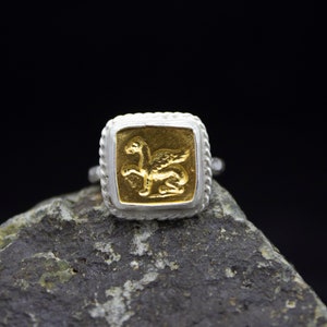 Ancient Roman Art Pegasus Signed Coin Two Tone Ring 24K Gold Plated 925 Sterling Silver Ring Ancient Handcrafted Hammered Jewelry by Pellada