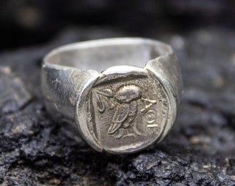 Ancient Greek Owl Coin Signet Ring | 925 Sterling Silver Athena Ring | Ancient Coin Inspired Ring | Vintage Gift Historical Art by Pellada