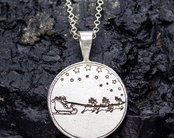 Santa Claus Sleigh Necklace | 925 Sterling Silver Chain | Reindeer Pendant Christmas Gift | Flying Santa Jewelry | Charm For Her by Pellada