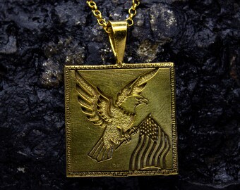 Eagle Handcrafted Gold Plated Necklace | American Flag Crest Pendant | Gold Plated Flag Jewelry | Customizable Gift for Him | by Pellada