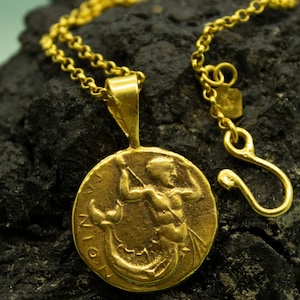 Merman Triton Coin Pendant | 925 Sterling Silver 24K Gold Plated | Ancient King Triton Necklace | Greek Mythology Coin Signet | by Pellada