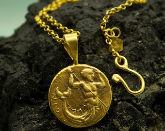 Merman Triton Coin Pendant | 925 Sterling Silver 24K Gold Plated | Ancient King Triton Necklace | Greek Mythology Coin Signet | by Pellada