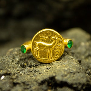 Historical Ancient Deer Coin Ring | 24K Gold Plated 925 Sterling Silver | Greek Roman Mythology Medallion Ring | Artemis  Jewelry by Pellada