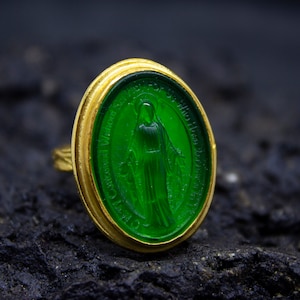 Virgin Mary Intaglio Gold Ring | 24K Gold Plated 925 Sterling Silver | Christian Religious Intaglio Ring | Relief Miraculous Ring by Pellada