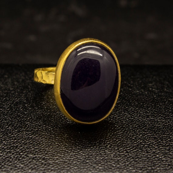 Handmade Gemstone Ring 925 Sterling Silver Ring 24K Gold Plated Greek Jewelry by Pellada Purple Jade Stone Ring Ancient Art Ring 