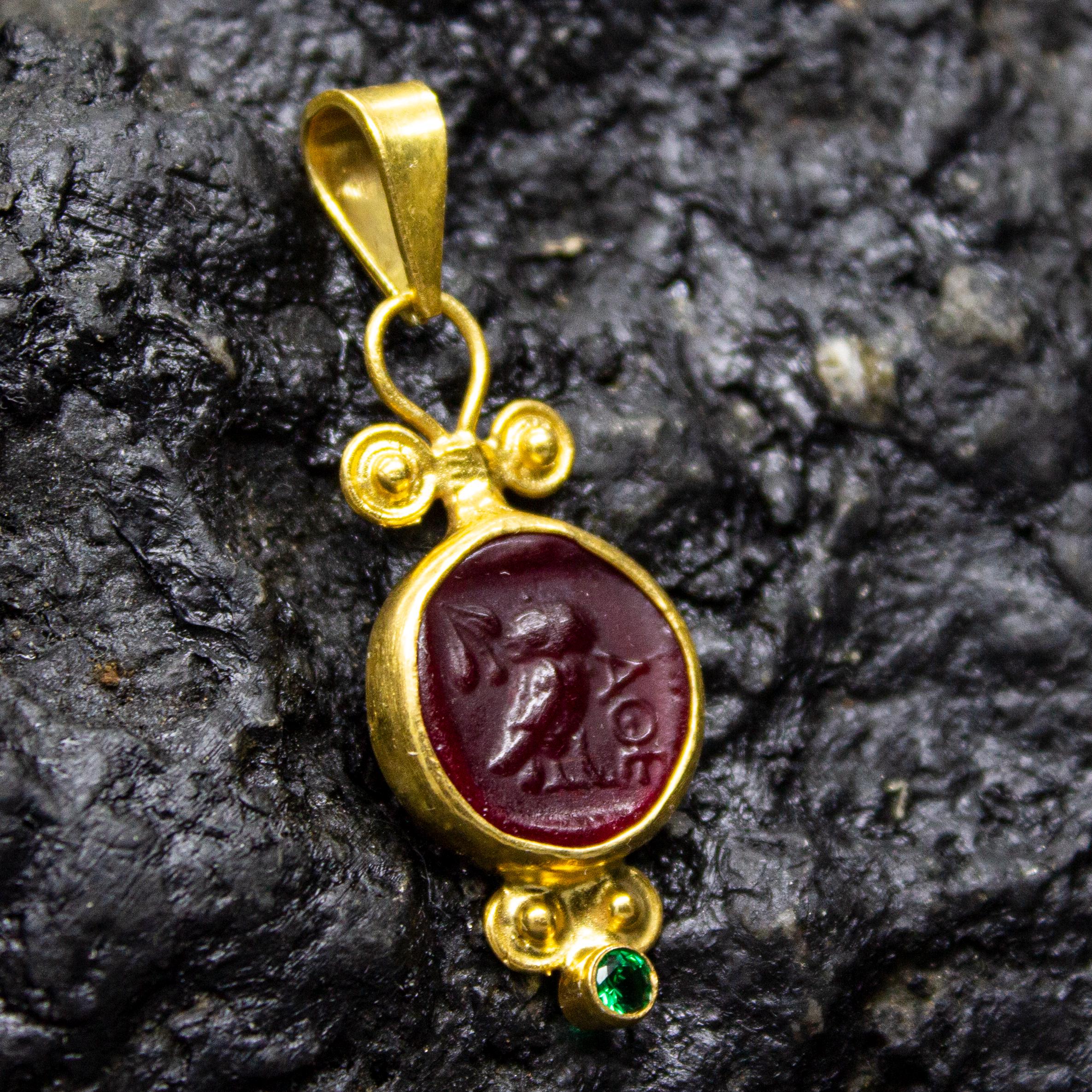 Red String Intaglio Greek Owl Intaglio Red Glass Necklace | 925 Sterling Silver | Athena ...