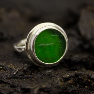 Ancient Greek Deer Intaglio Glass Ring | 925 Sterling Silver | Historical Artemis Deer Intaglio Jewelry | Murano Glass Ring Gift by Pellada