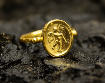 Guardian Angel Signet Ring | 24K Gold Plated 925 Sterling Silver | Medallion Angel Ring | Ancient Greek Jewelry | Religious Gift  Pellada